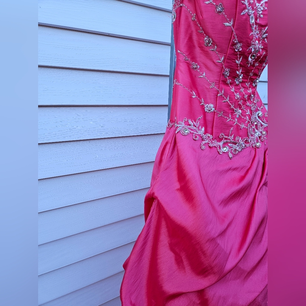 Watermelon Pink Embellished Strapless Gown - Picture 3 of 16